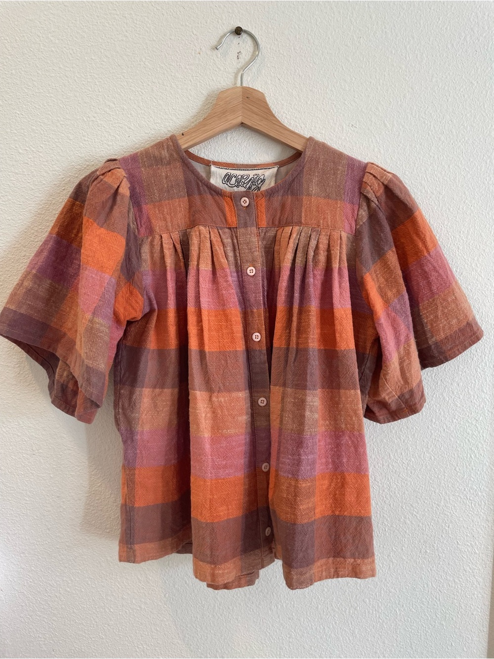 Ace & Jig  Orange Pink Plaid Button-Front Puff Sleeve Top size small